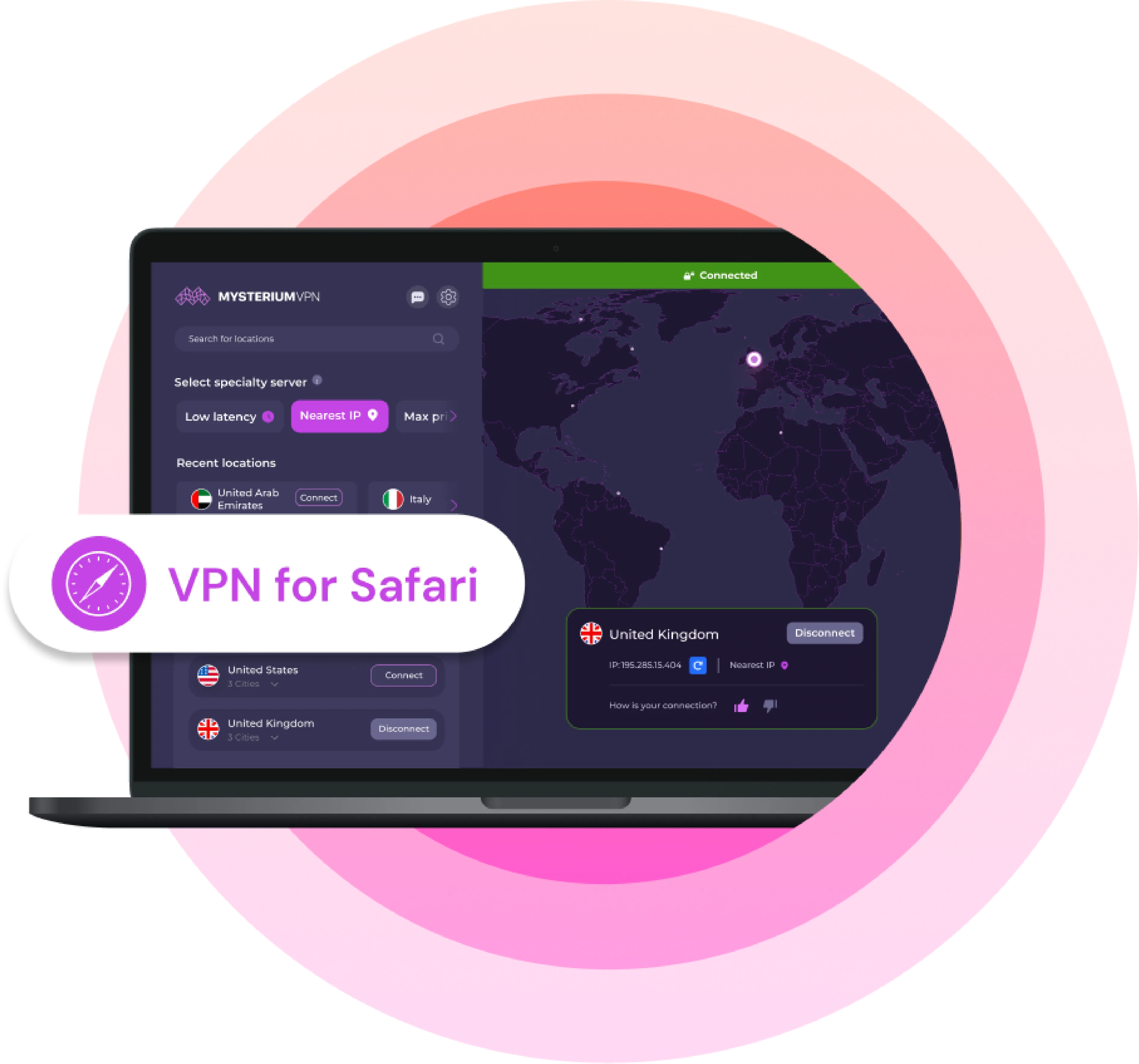 VPN for Safari shown on a laptop screen with the Mysterium VPN interface displaying server connections and a world map, against a pink and purple gradient background.